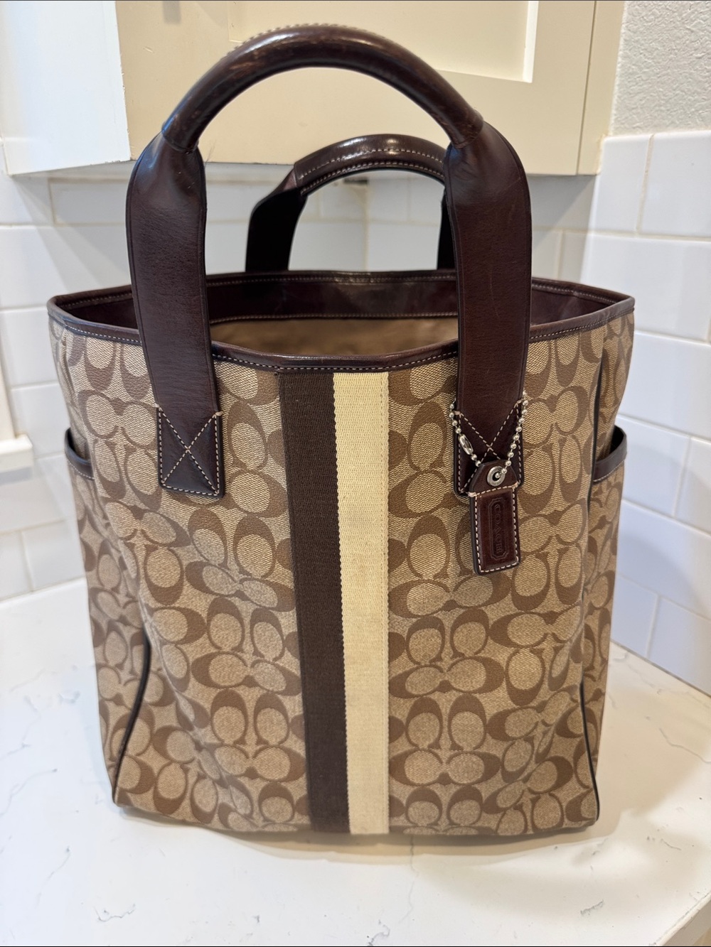 Coach Signature Canvas Messenger Tote in Brown and Cream